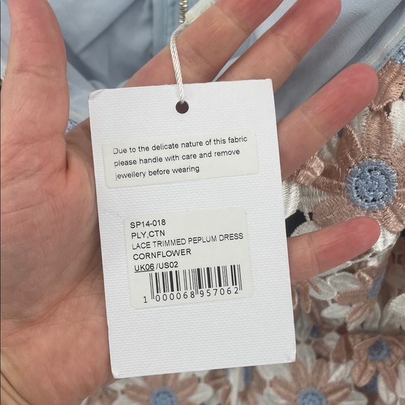 Self Portrait Lace Trimmed Peplum Dress in 3D Floral Cornflower 2 G4 - Picture 6 of 8